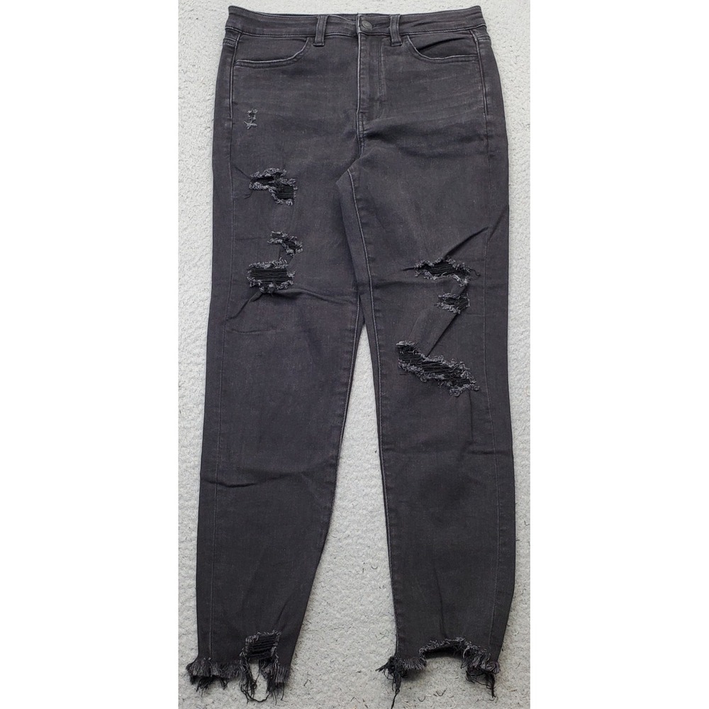 American Eagle Skinny Jeans Womens 8 Black Denim Distressed Ripped Frayed Hem
